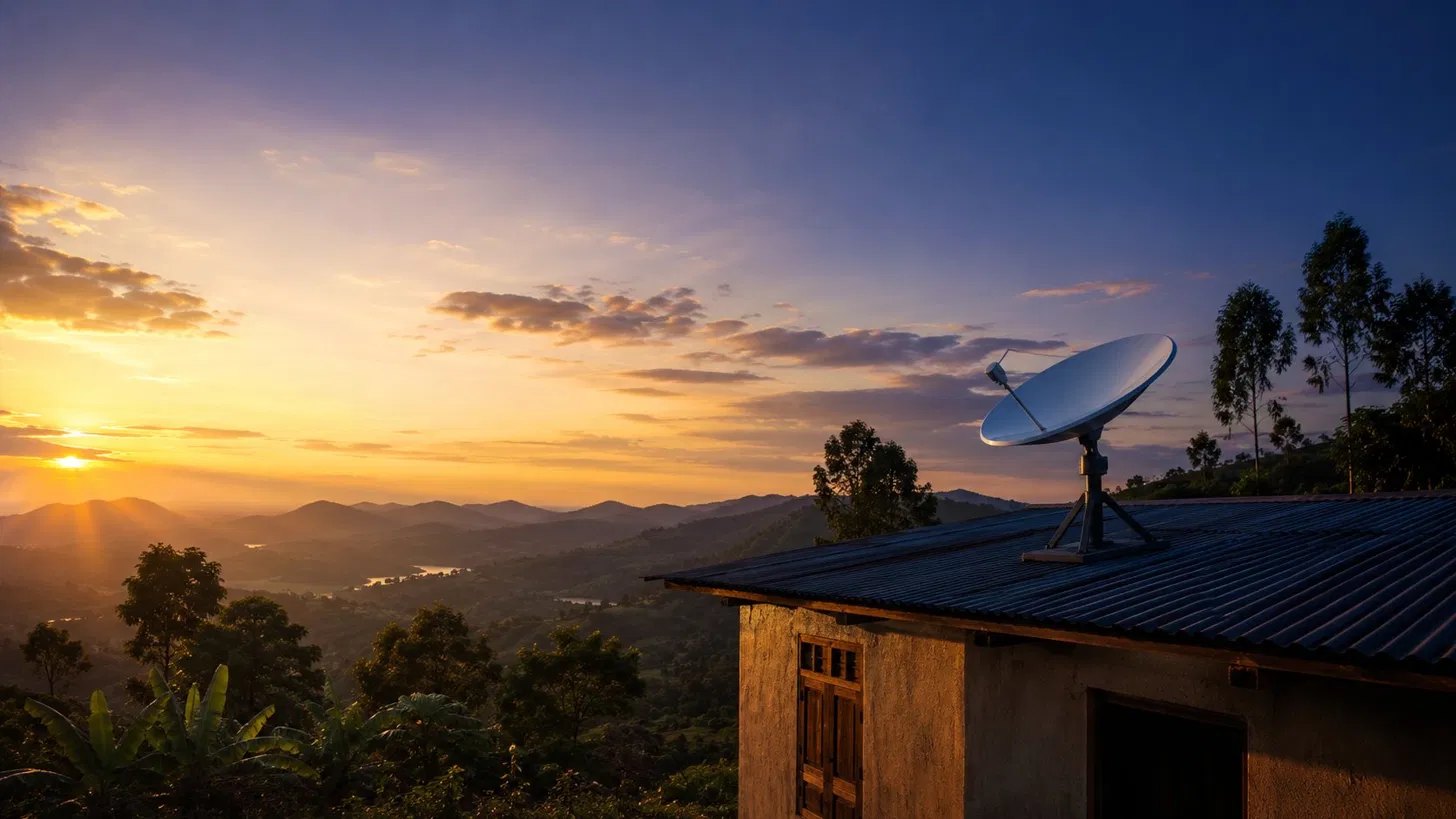 Satellite dish on a rural home in Western Uganda at sunset